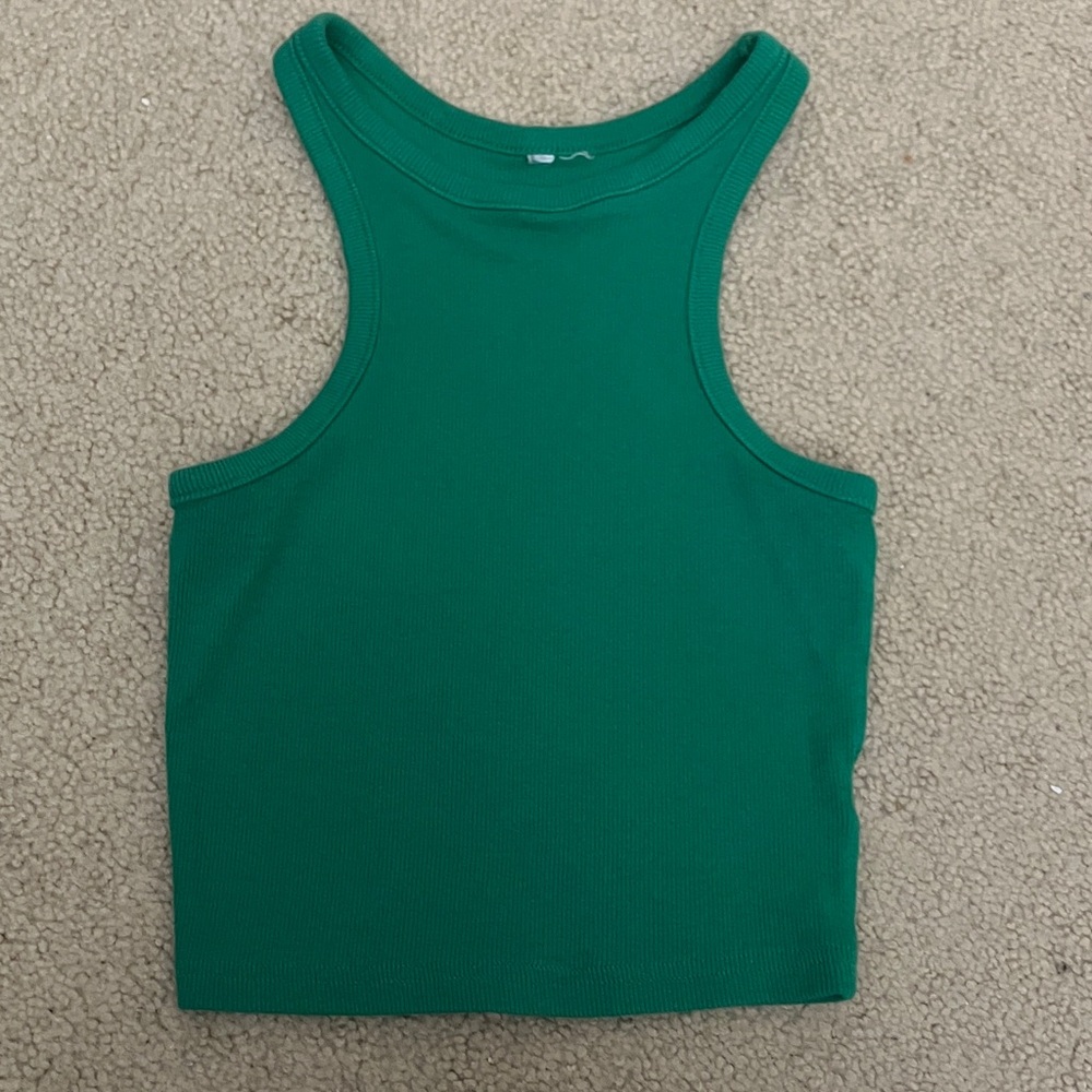 Vibrant Kelly Green ribbed tank Top, finished hem, 100% cotton, stretch xs/s